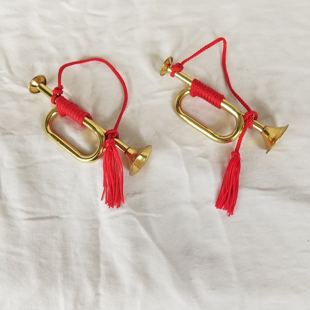 Bugle Ornaments Gold Excellent Vintage Brass Red Tassel Set of 2 musical holiday
